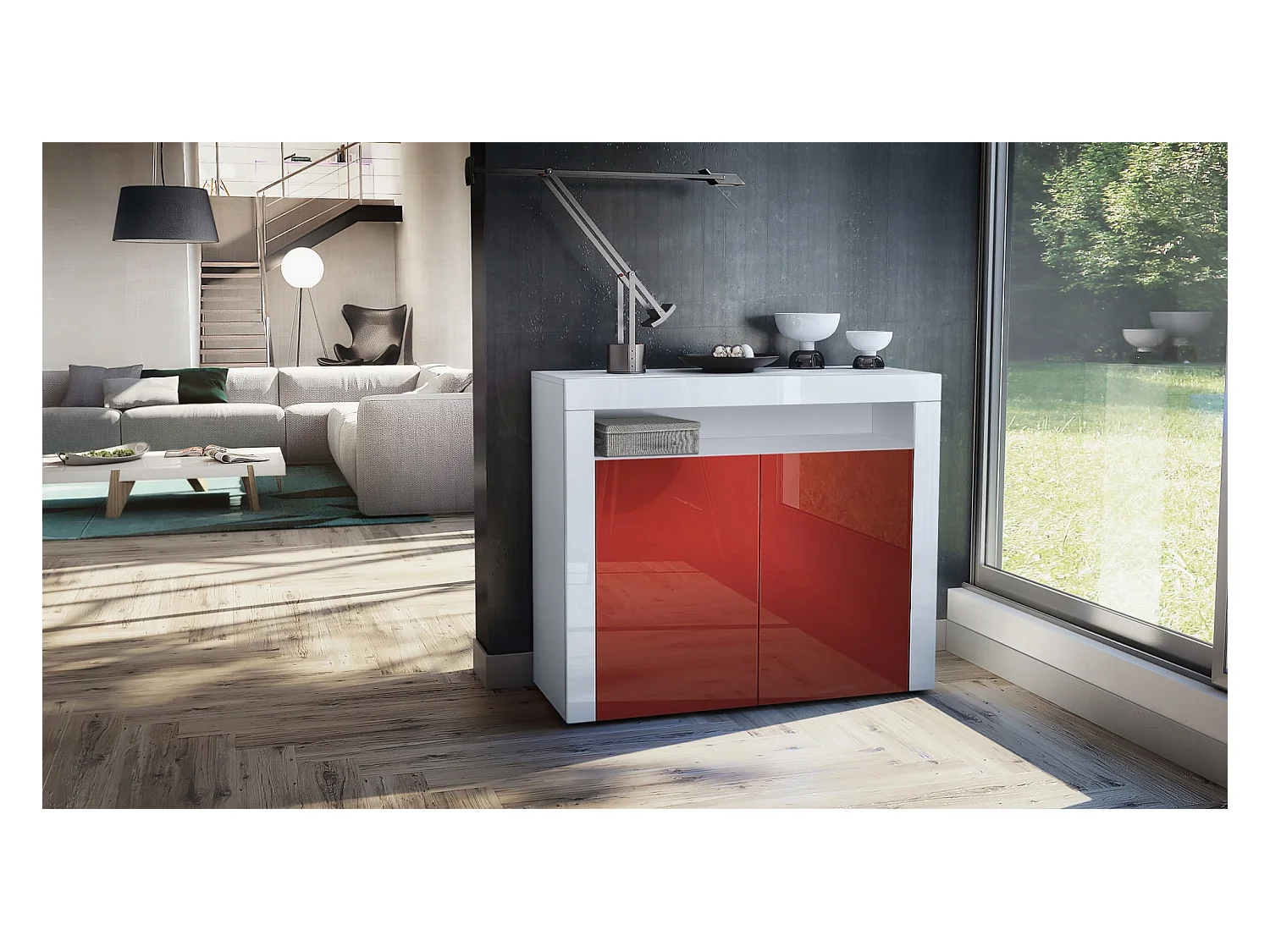 Buffet Valencia, Commode avec 2 portes et 1 compartiment ouvert, Blanc mat/bordeaux haute brillance/blanc haute brillance (108 x 92 x 40 cm)