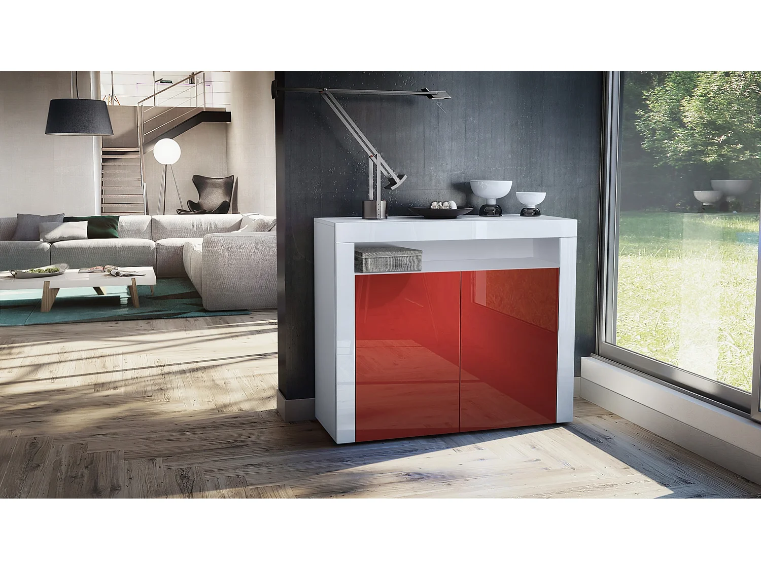 Mobiletto Valencia, credenza con 2 ante e 1 scomparto aperto, bianco opaco/bordeaux lucido/bianco lucido (108 x 92 x 40 cm)