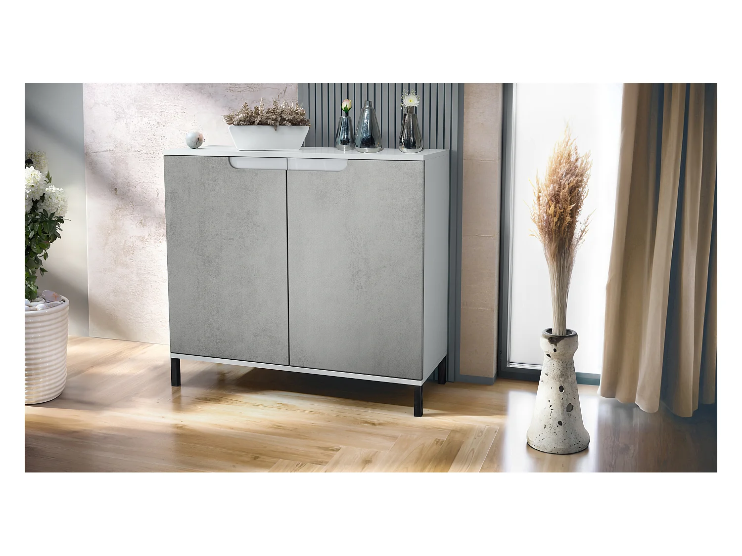Commode Sylt V3, Buffet de Cuisine Moderne avec 2 Grandes Portes blanc mat / aspect béton oxyde (92,5 x 83.5 x 35)
