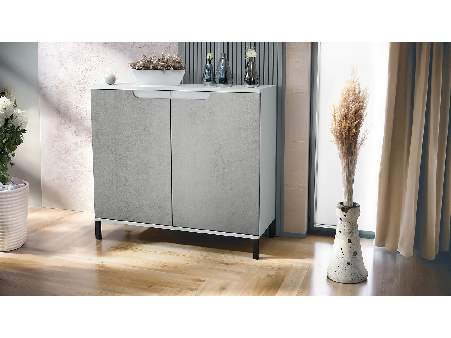 Credenza Sylt V3, Mobile da Cucina Moderno con 2 Grandi Ante bianco opaco / ottica cermento ossido (92,5 x 83.5 x 35)