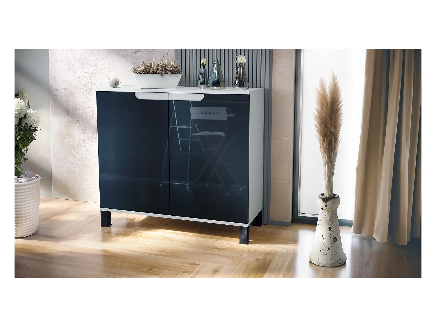 Commode Sylt V3, Buffet de Cuisine Moderne avec 2 Grandes Portes blanc mat / noir haute brillance (92,5 x 84.5 x 35)