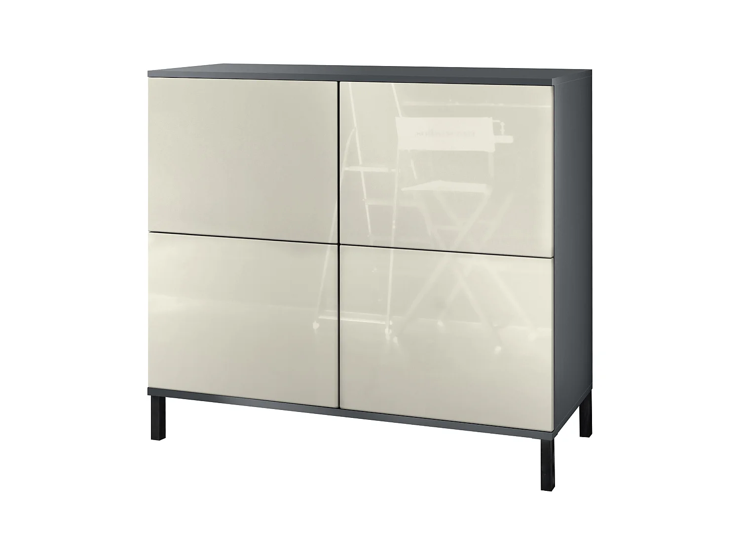 Buffet Rova V3 – Meuble de cuisine moderne avec 4 portes Push-to-Open anthracite mat / crème haute brillance (92,5 x 83.5 x 35)