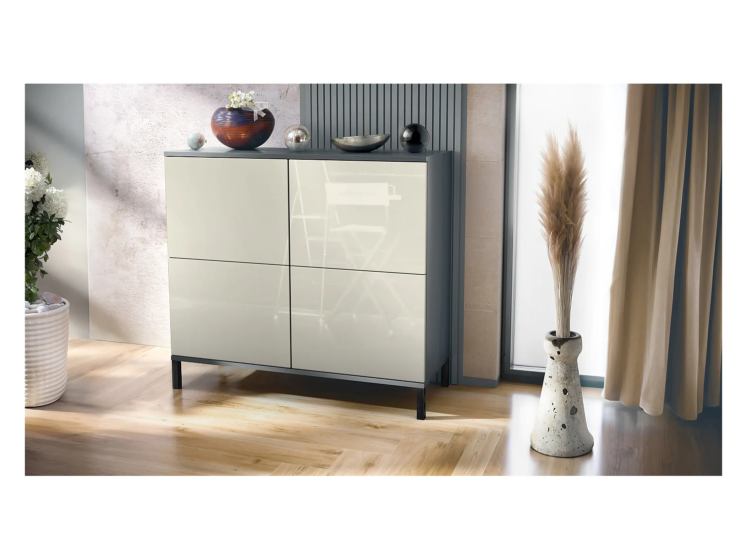 Buffet Rova V3 – Meuble de cuisine moderne avec 4 portes Push-to-Open anthracite mat / crème haute brillance (92,5 x 83.5 x 35)