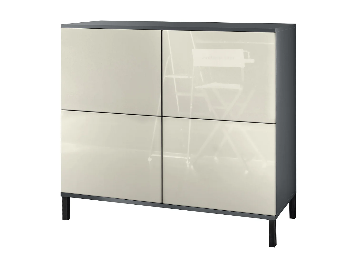Credenza Rova V3 – Mobile da cucina moderno con 4 ante Push-to-Open antracite opaco  / beige lucido (92,5 x 83.5 x 35)