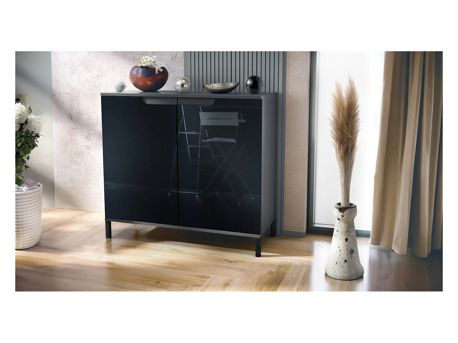 Commode Sylt V3, Buffet de Cuisine Moderne avec 2 Grandes Portes anthracite mat / noir haute brillance (92,5 x 83.5 x 35)