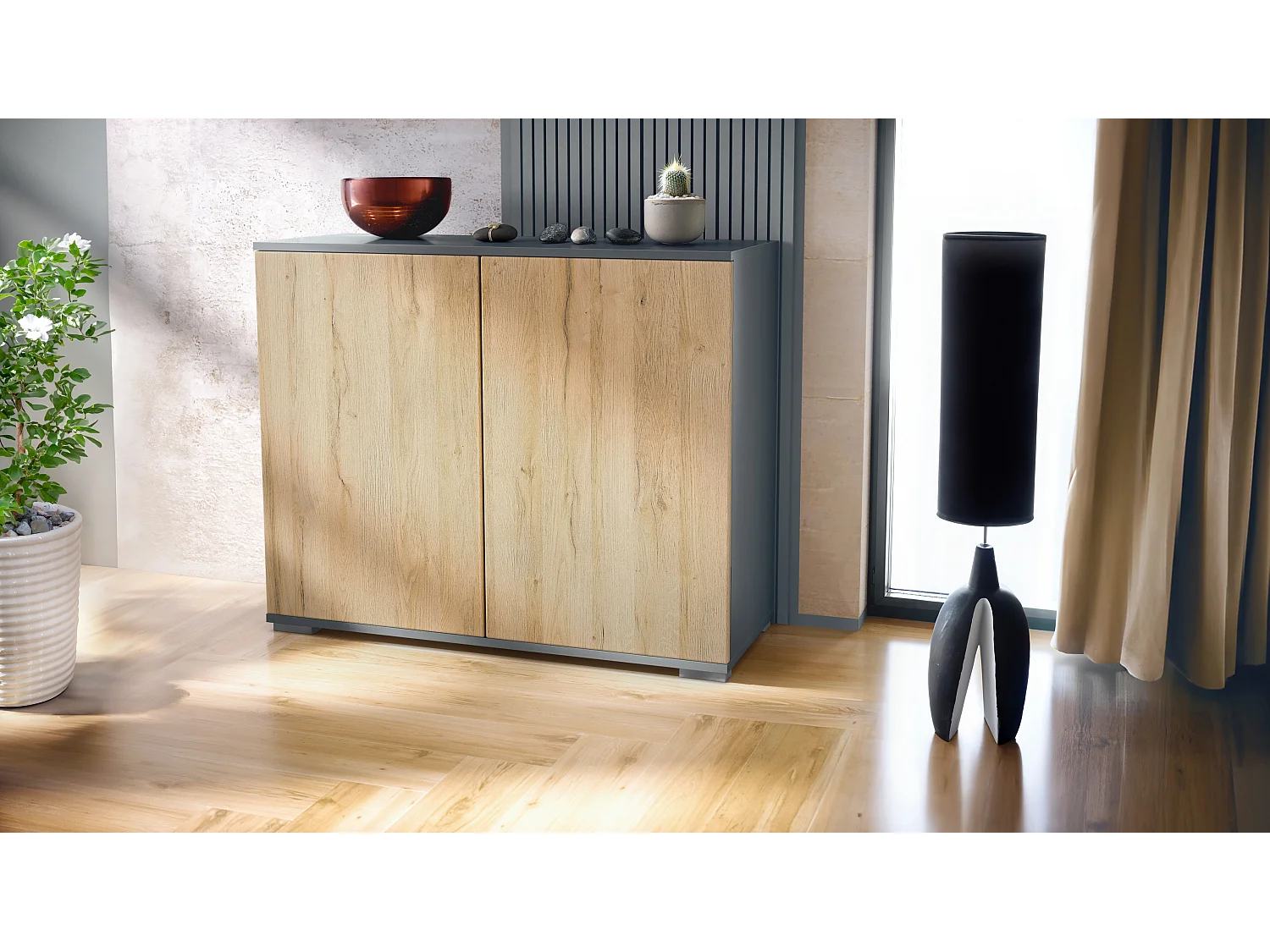 Aparador Skadu V3, Armario de Cocina Moderno con 2 Puertas Grandes antracita mate / roble natural (92,5 x 75.5 x 35)