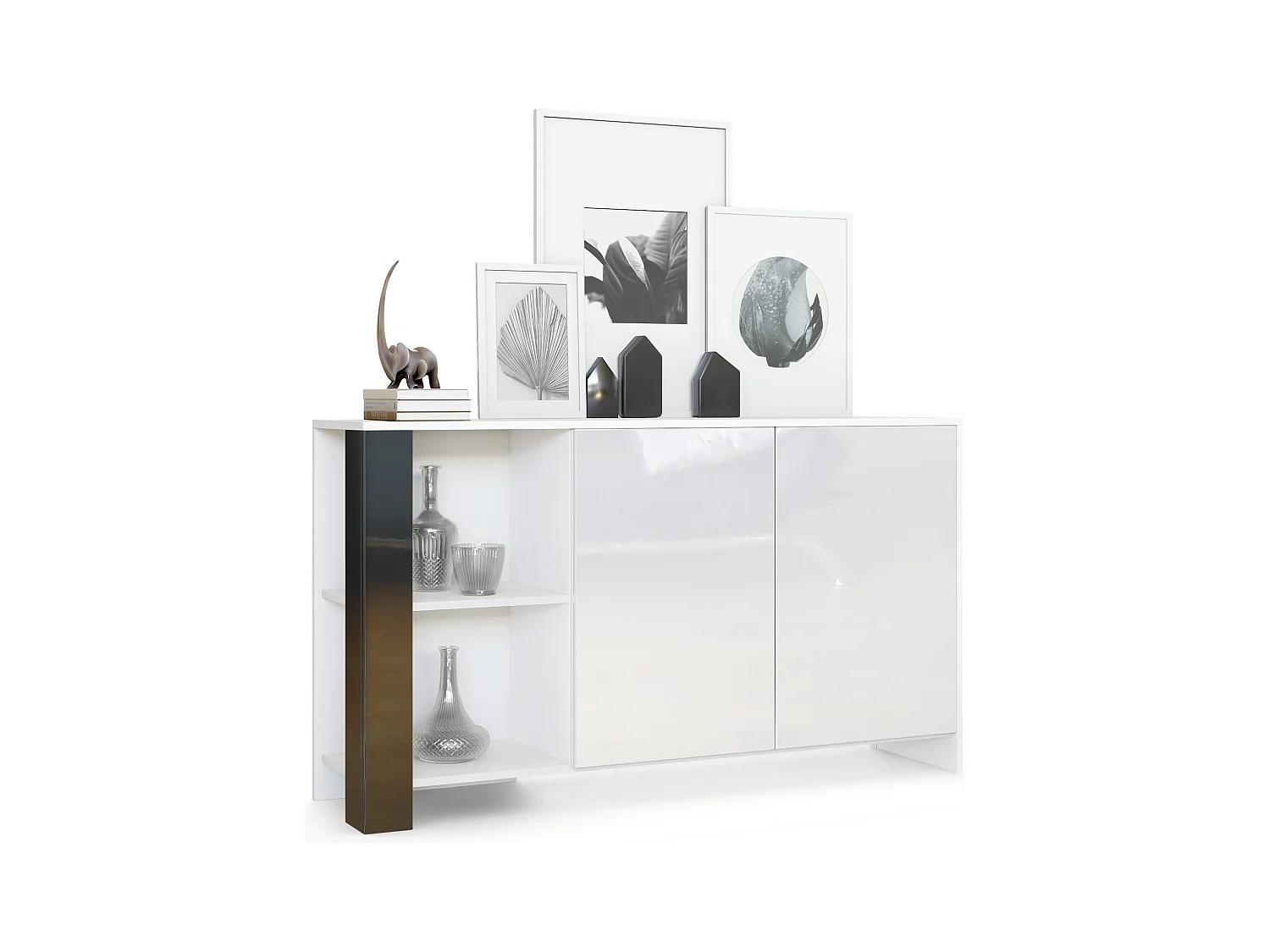 Buffet Canto, long bahut avec 2 portes et 6 compartiments, corps blanc mat, façades blanc brillant, panneaux décoratifs noir haute brillance (143 x 81 x 36 cm)