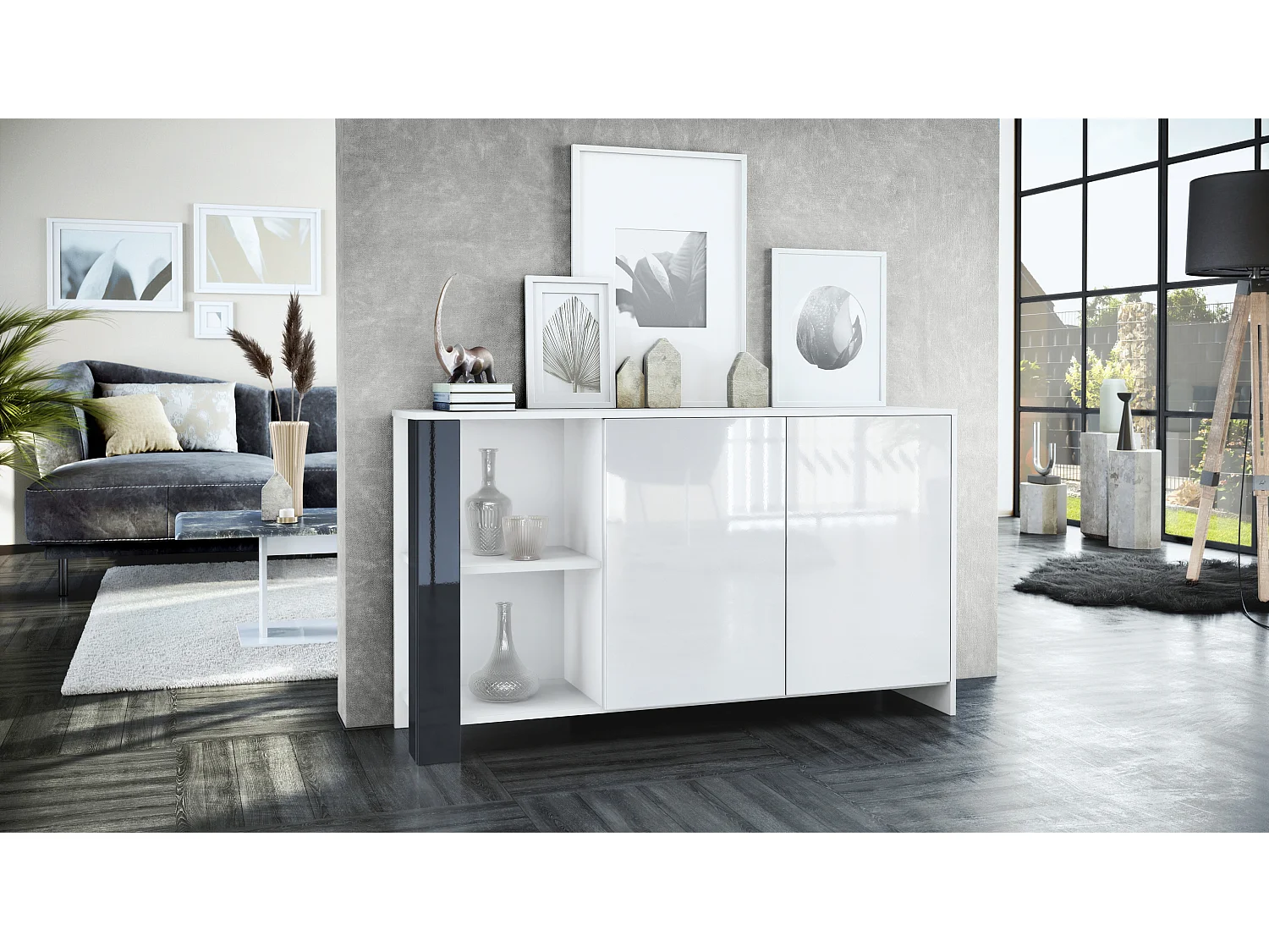 Credenza Canto, credenza lunga a 2 ante e 6 vani, mobile bianco opaco, frontali bianchi lucidi, pannelli decorativi nero lucido (143 x 81 x 36 cm)