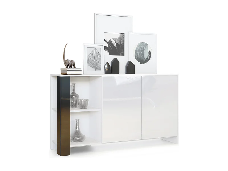 Buffet Canto, long bahut avec 2 portes et 6 compartiments, corps blanc mat, façades blanc brillant, panneaux décoratifs noir haute brillance (143 x 81 x 36 cm)