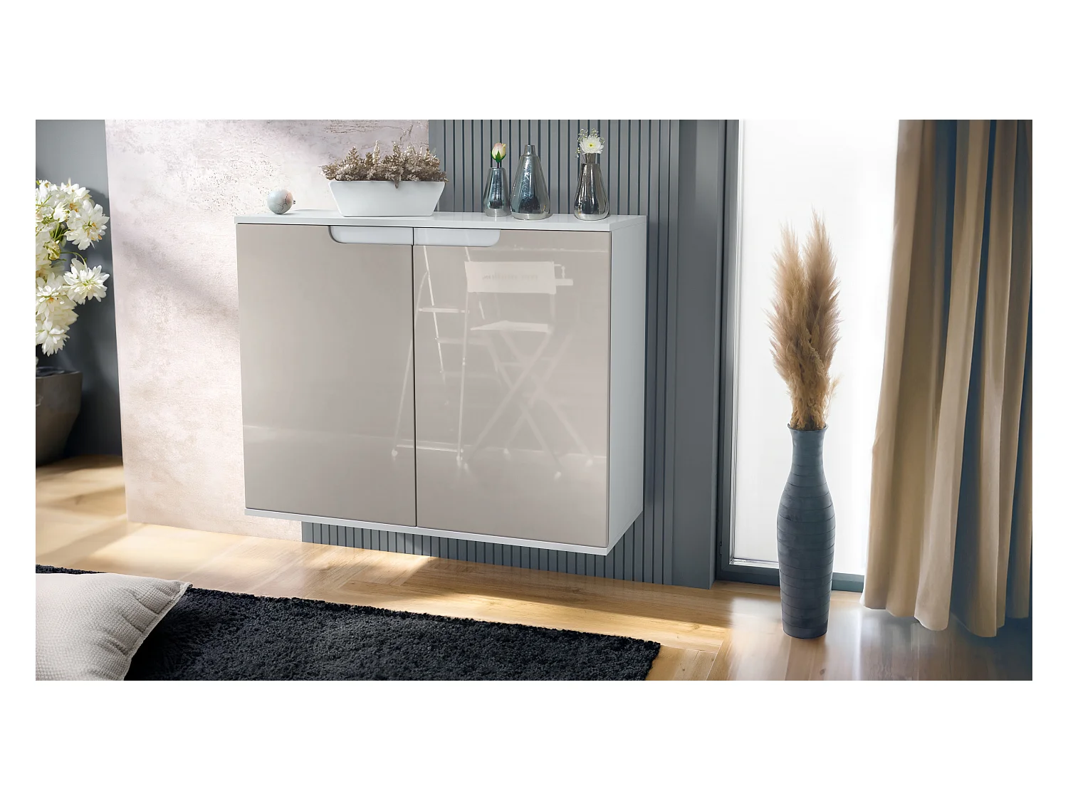 Commode Sylt V3, Buffet de Cuisine Moderne avec 2 Grandes Portes blanc mat / gris sable haute brillance (92,5 x 73.5 x 35)