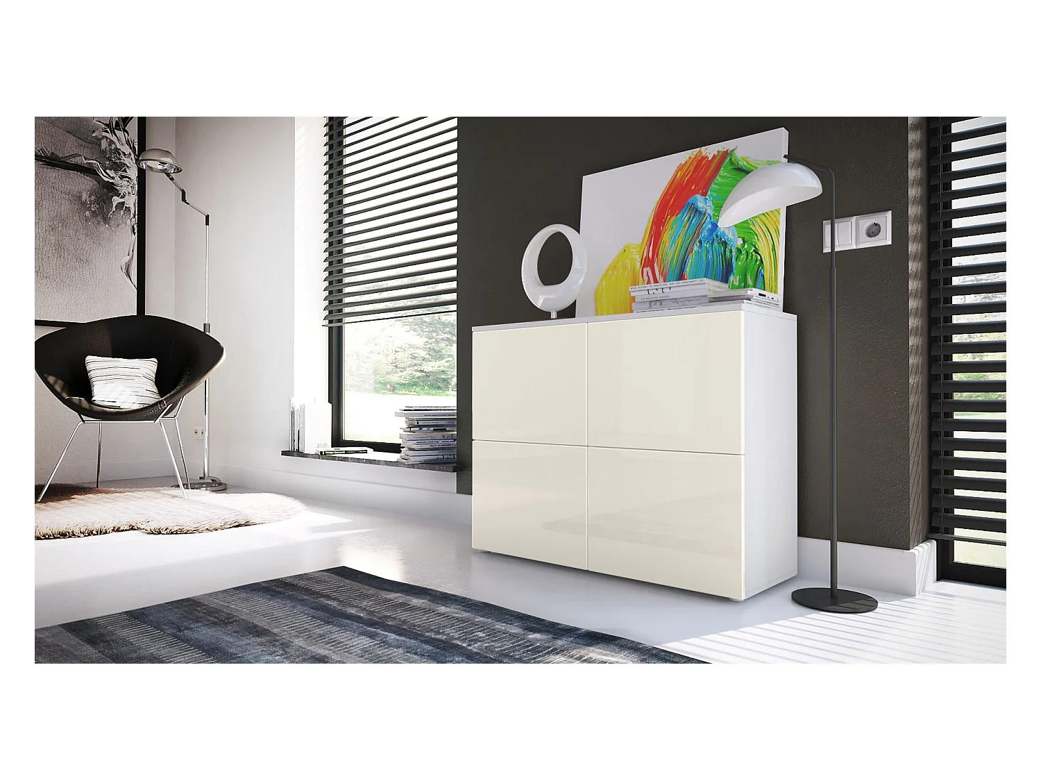 Buffet Rova, Commode avec 4 portes, Blanc mat/Crème haute brillance (92 x 72 x 35 cm)