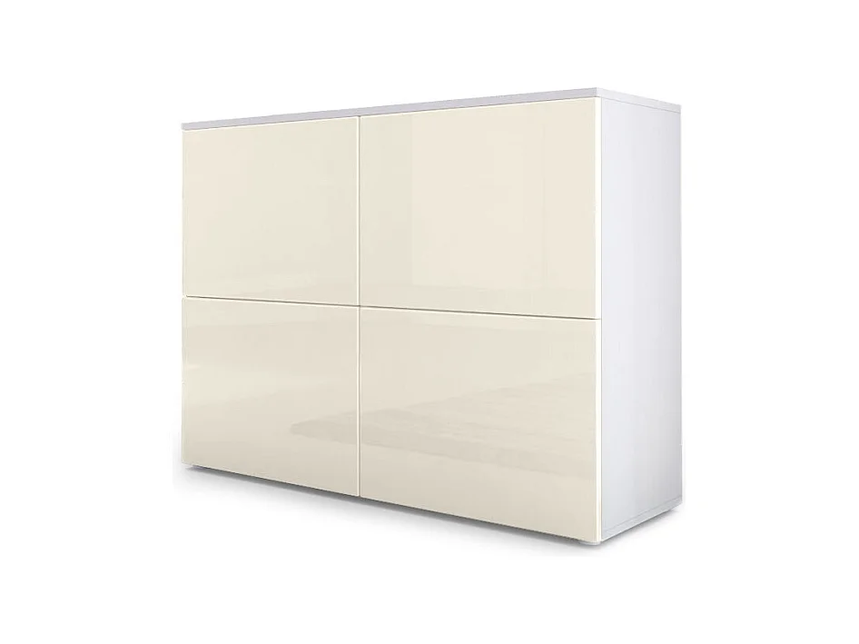 Buffet Rova, Commode avec 4 portes, Blanc mat/Crème haute brillance (92 x 72 x 35 cm)