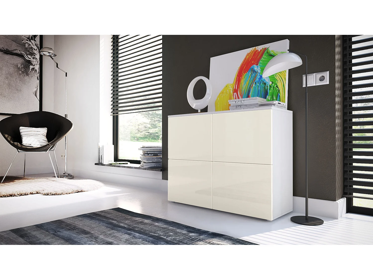 Madia  Rova, Mobile a 4 ante, Bianco opaco/Crema lucido (92 x 72 x 35 cm)