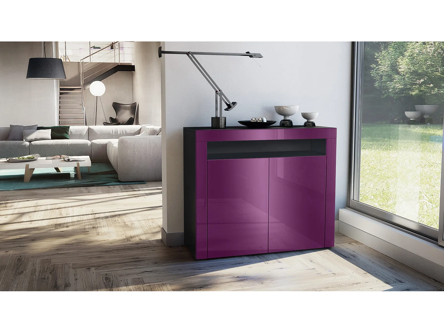 Mobiletto  City, credenza con 2 ante e 1 scomparto aperto, nero opaco/violetto porpora lucido/violetto porpora lucido (108 x 92 x 40 cm)