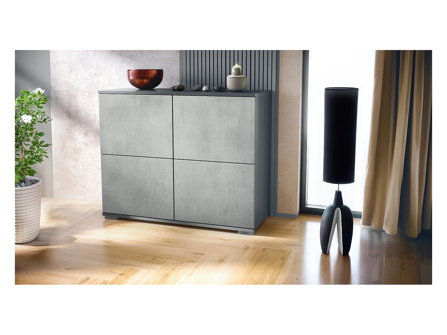 Buffet Rova V3 – Meuble de cuisine moderne avec 4 portes Push-to-Open anthracite mat / aspect béton oxyde (92,5 x 75.5 x 35)