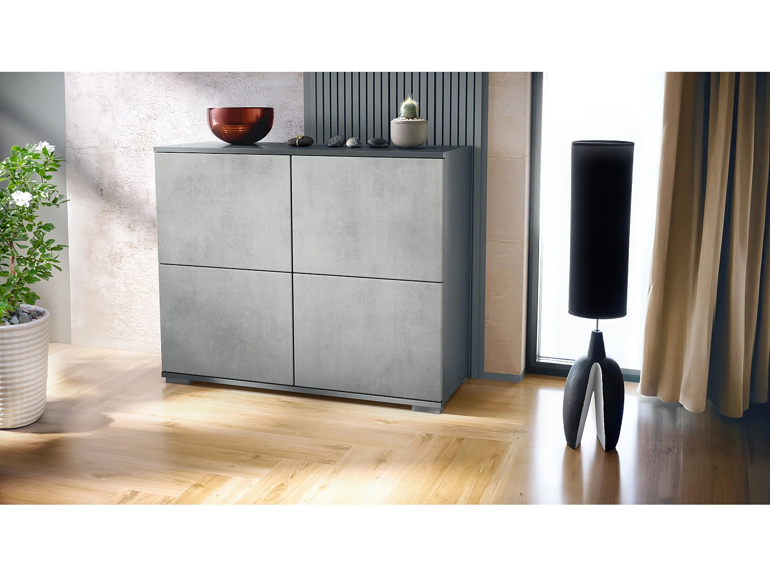 Credenza Rova V3 – Mobile da cucina moderno con 4 ante Push-to-Open antracite opaco  / ottica cermento ossido (92,5 x 75.5 x 35)