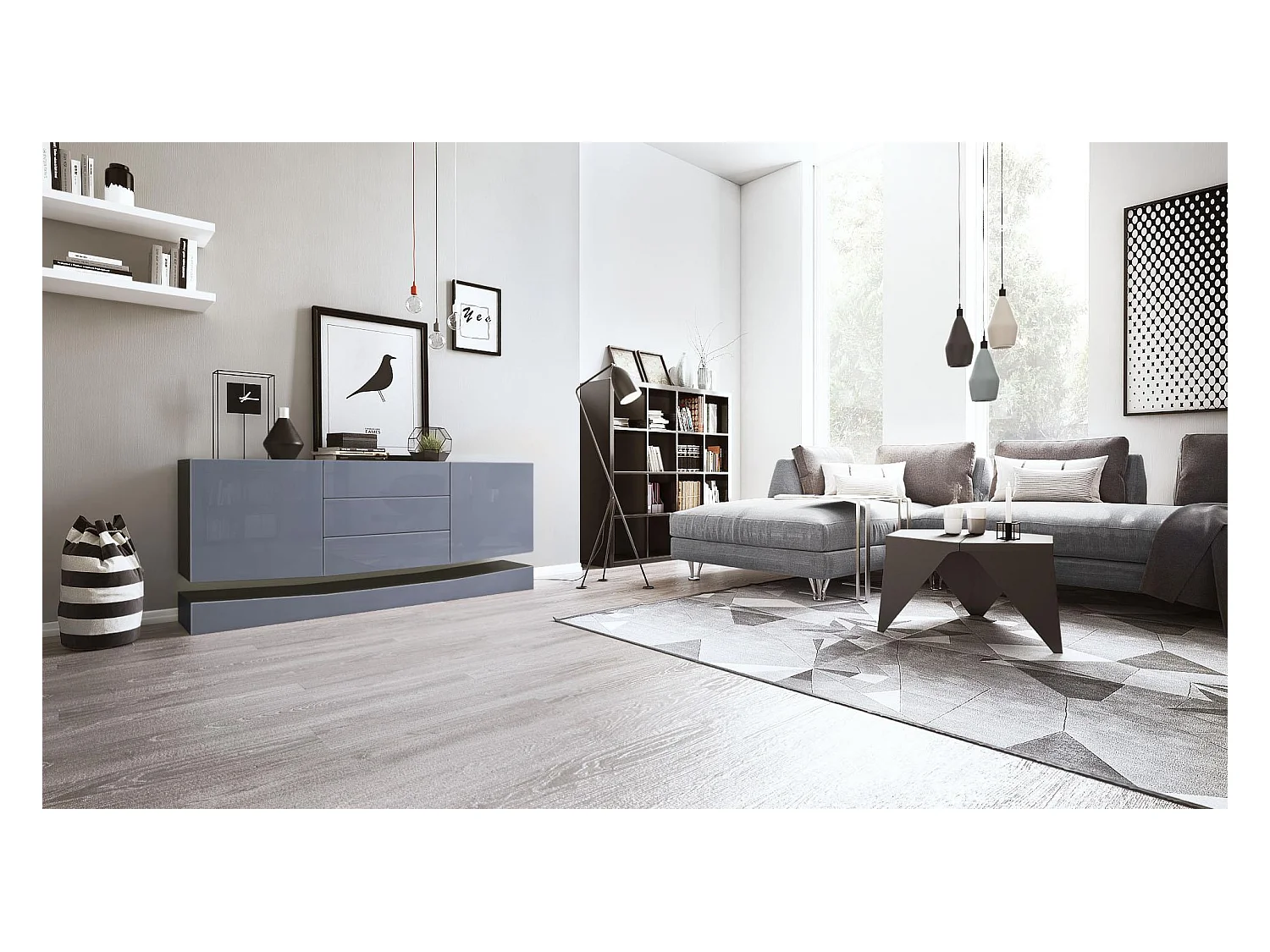 Sideboard City, noir mat/gris haute brillance - Commode moderne pour votre salon (178 x 72 x 38 cm)