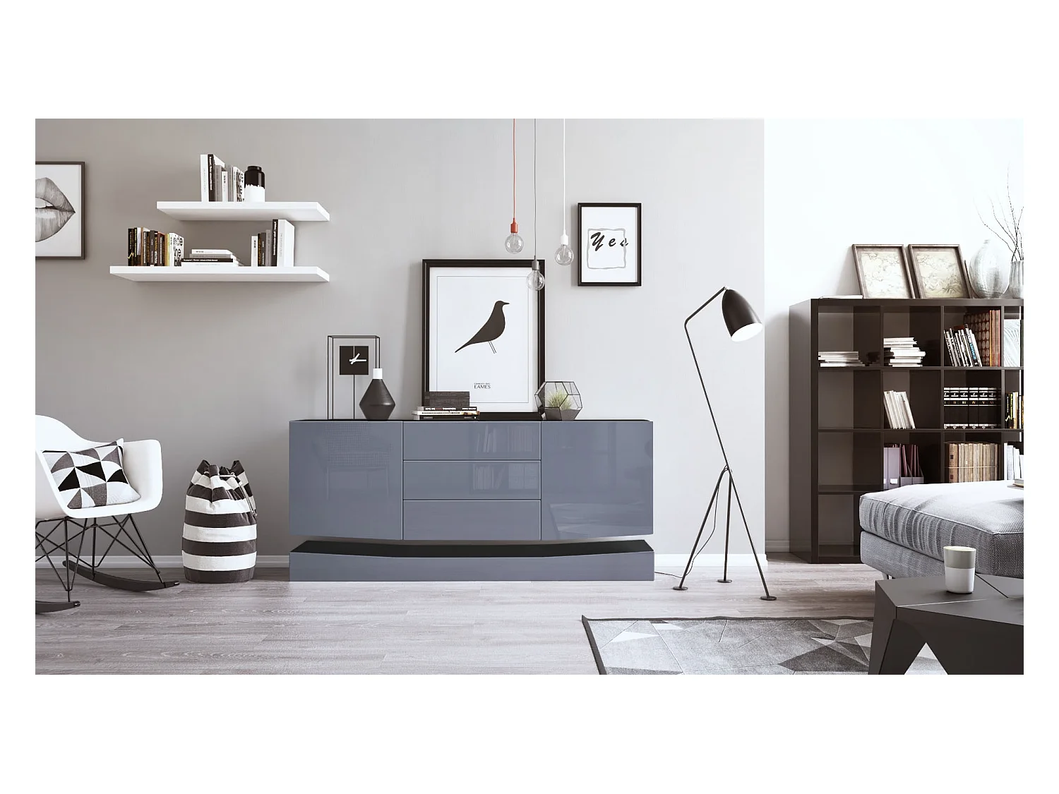 Sideboard City, noir mat/gris haute brillance - Commode moderne pour votre salon (178 x 72 x 38 cm)