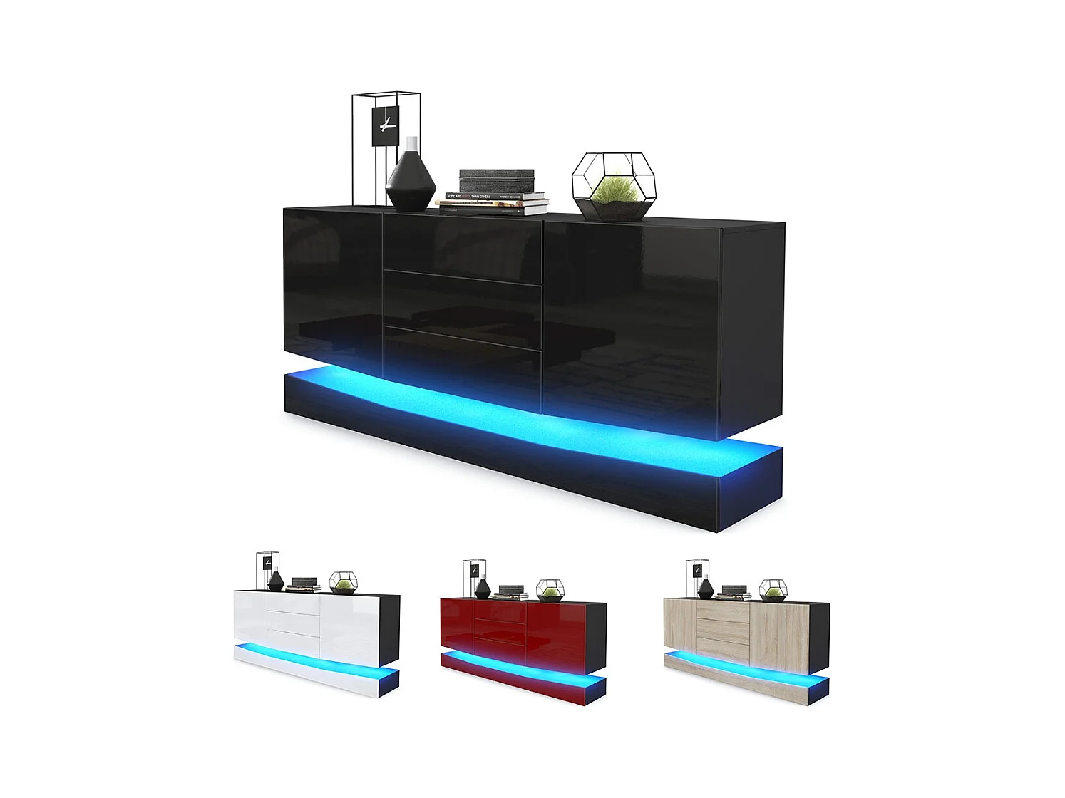 Sideboard City, noir mat/gris haute brillance - Commode moderne pour votre salon (178 x 72 x 38 cm)