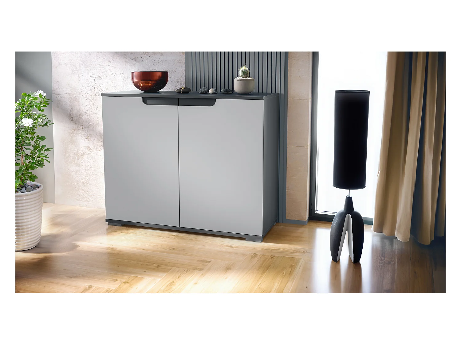 Commode Sylt V3, Buffet de Cuisine Moderne avec 2 Grandes Portes anthracite mat / gris clair satiné mat (92,5 x 75.5 x 35)