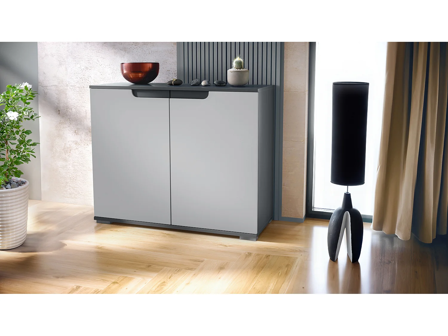 Commode Sylt V3, Buffet de Cuisine Moderne avec 2 Grandes Portes anthracite mat / gris clair satiné mat (92,5 x 75.5 x 35)