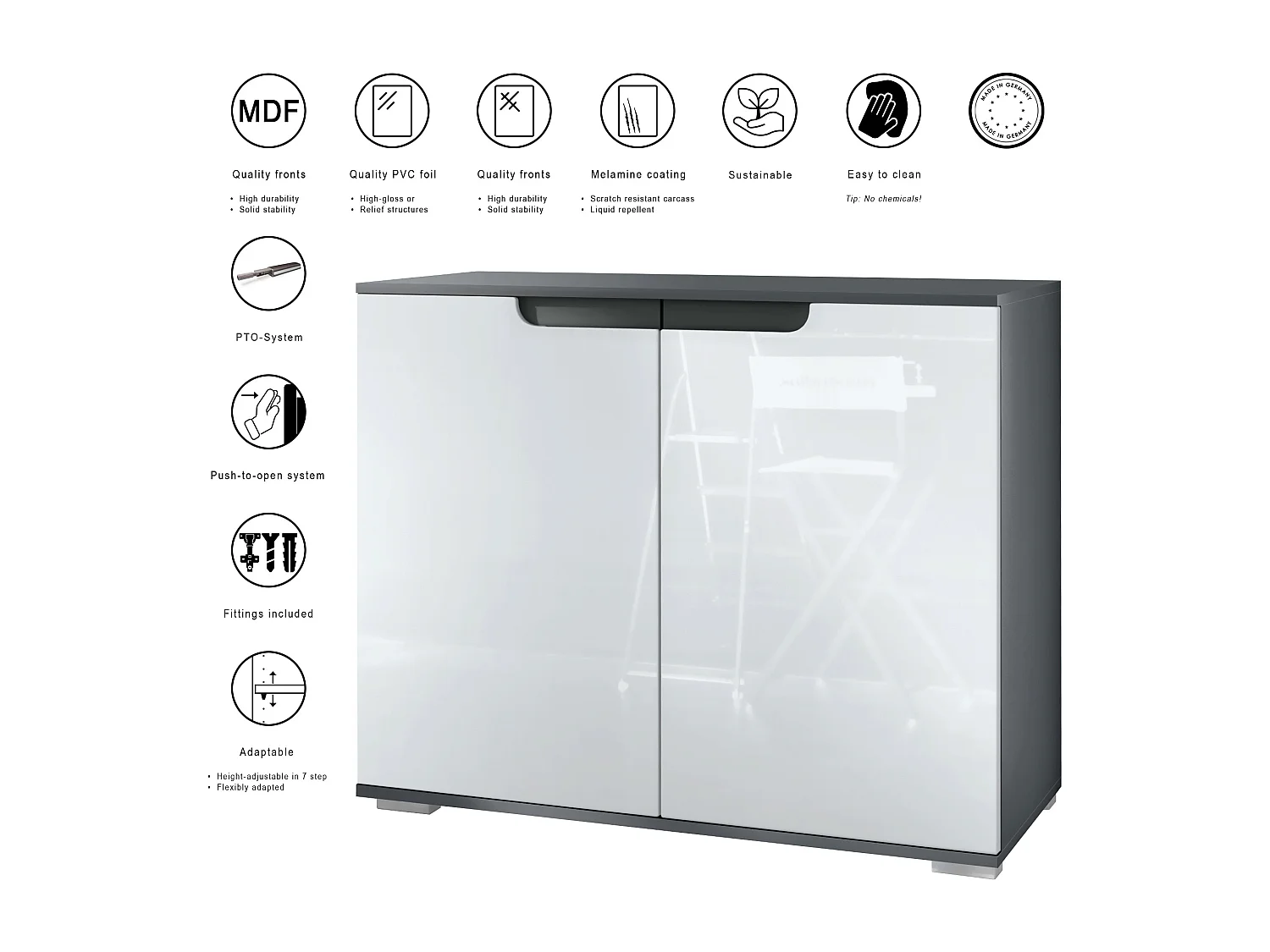 Commode Sylt V3, Buffet de Cuisine Moderne avec 2 Grandes Portes anthracite mat / gris clair satiné mat (92,5 x 75.5 x 35)