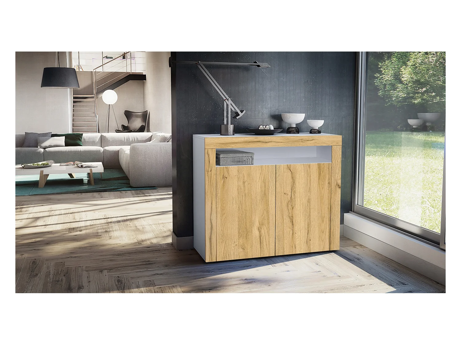 Buffet Valencia, Commode avec 2 portes et 1 compartiment ouvert, Blanc mat/chêne nature/chêne nature (108 x 92 x 40 cm)