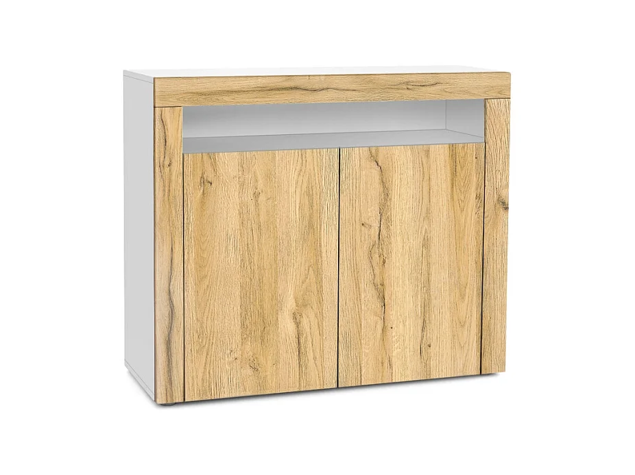 Buffet Valencia, Commode avec 2 portes et 1 compartiment ouvert, Blanc mat/chêne nature/chêne nature (108 x 92 x 40 cm)