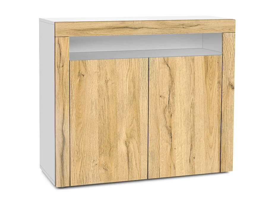 Mobiletto Valencia, credenza con 2 ante e 1 scomparto aperto, bianco opaco/rovere naturale/rovere naturale (108 x 92 x 40 cm)