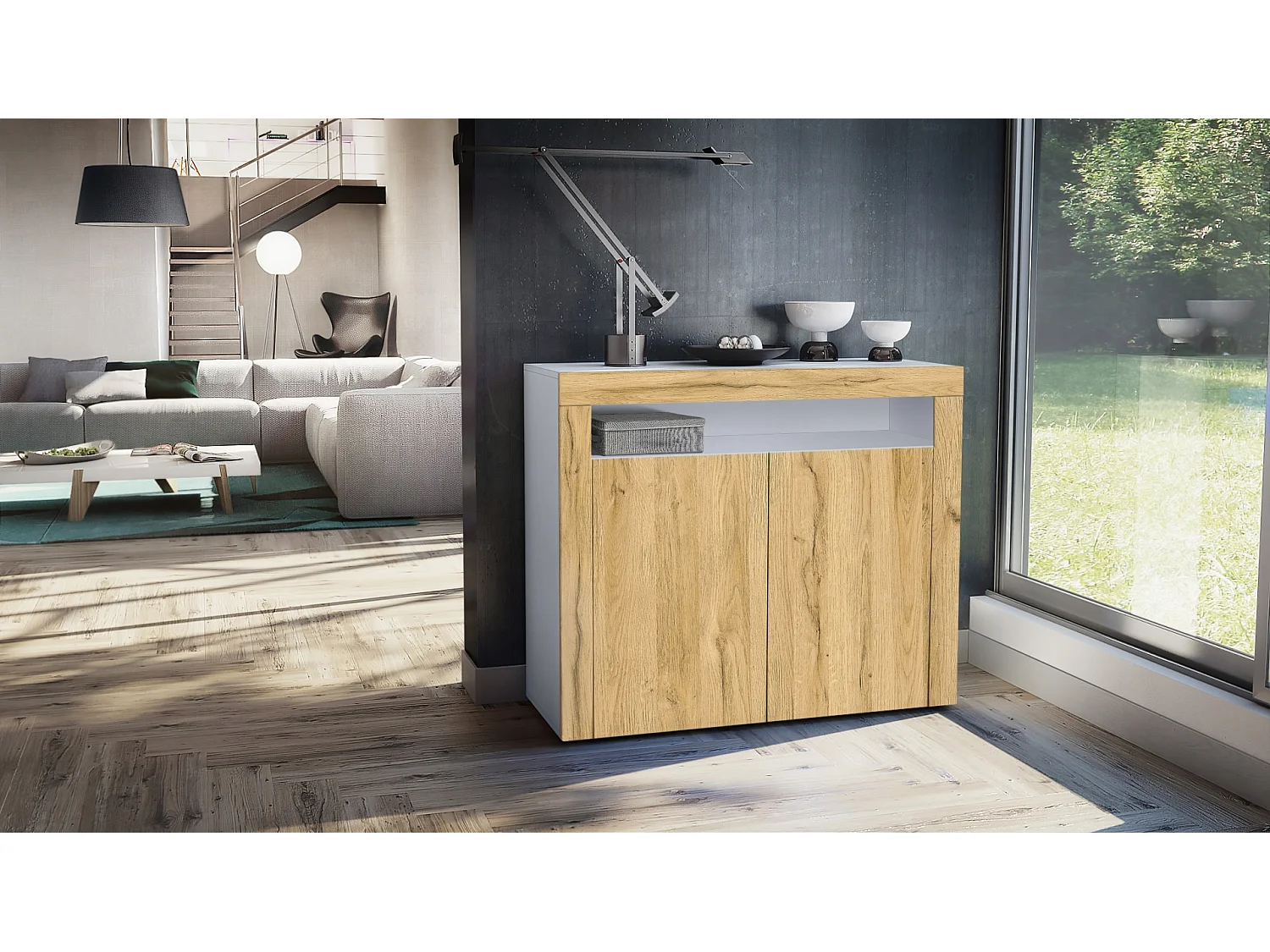 Mobiletto Valencia, credenza con 2 ante e 1 scomparto aperto, bianco opaco/rovere naturale/rovere naturale (108 x 92 x 40 cm)
