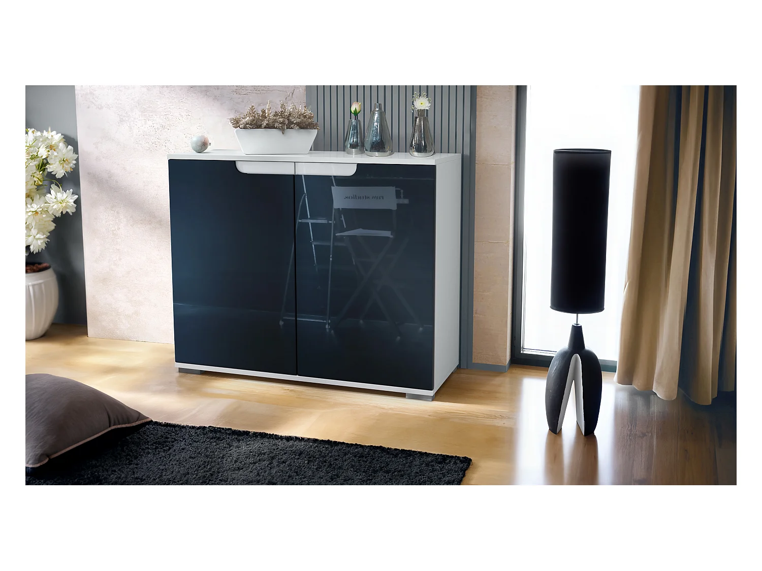 Commode Sylt V3, Buffet de Cuisine Moderne avec 2 Grandes Portes blanc mat / noir haute brillance (92,5 x 75.5 x 35)