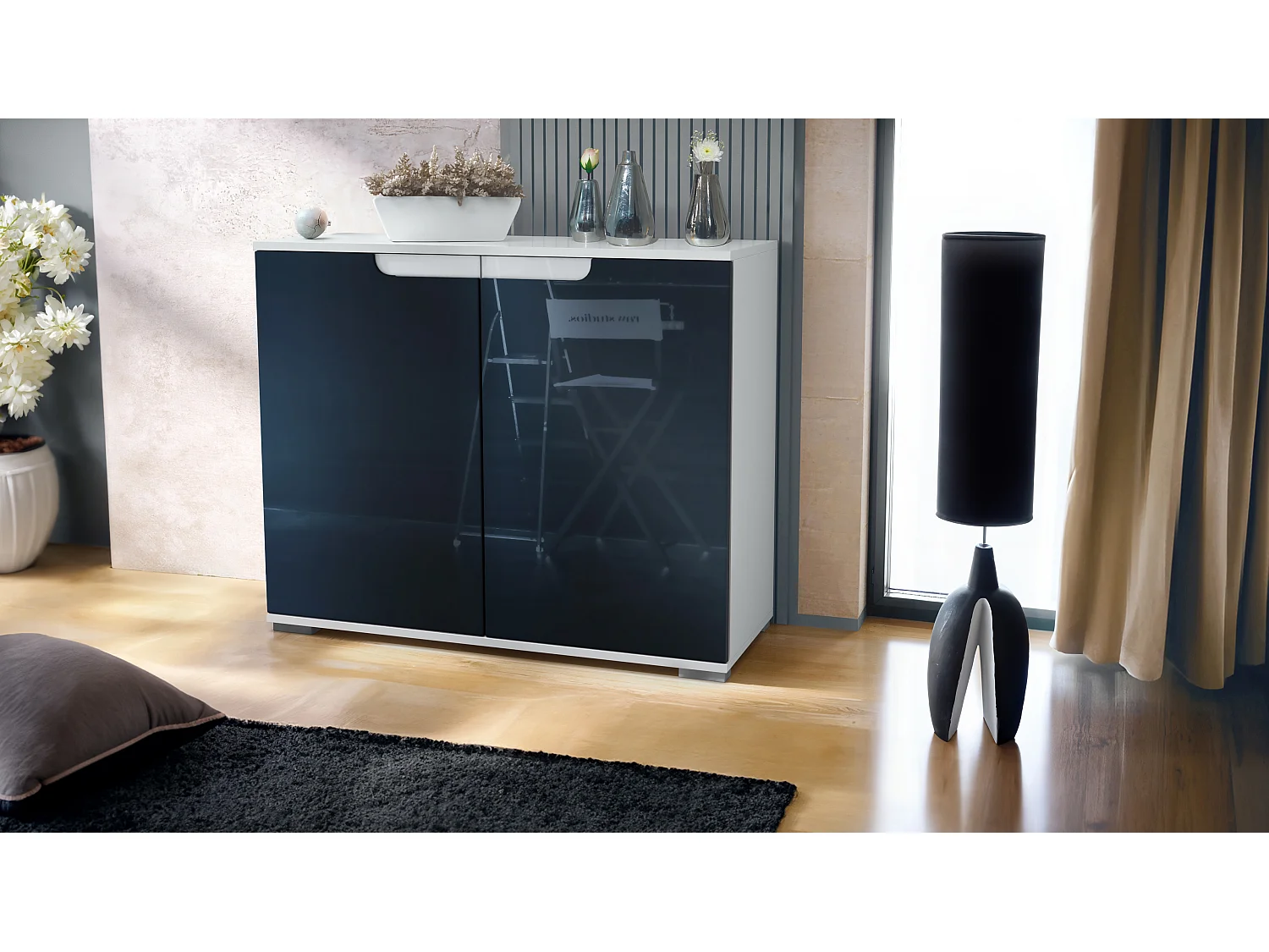 Aparador Sylt V3, Armario de Cocina Moderno con 2 Puertas Grandes blanco mate / negro de alto brillo (92,5 x 75.5 x 35)