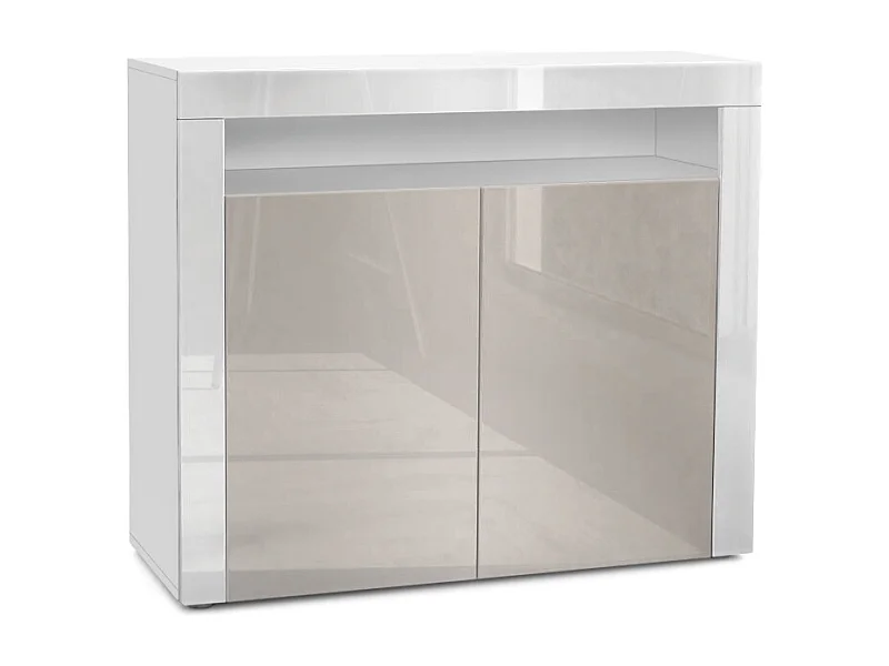 Buffet Valencia, Commode avec 2 portes et 1 compartiment ouvert, Blanc mat/gris sable haute brillance/blanc haute brillance (108 x 92 x 40 cm)