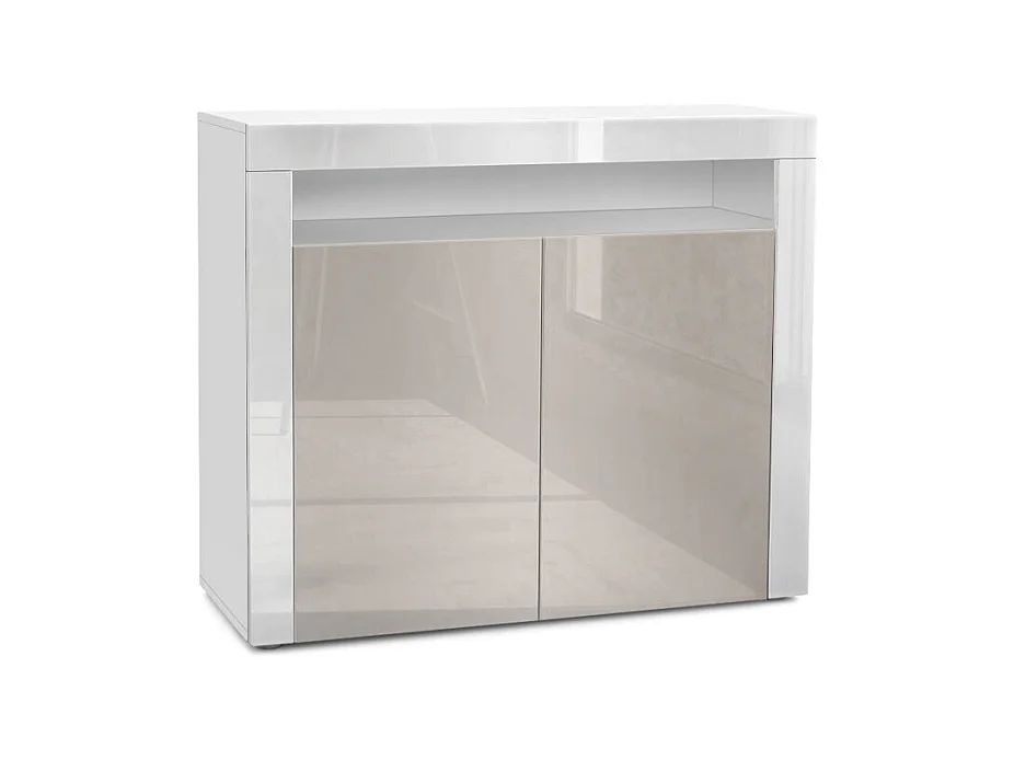 Buffet Valencia, Commode avec 2 portes et 1 compartiment ouvert, Blanc mat/gris sable haute brillance/blanc haute brillance (108 x 92 x 40 cm)