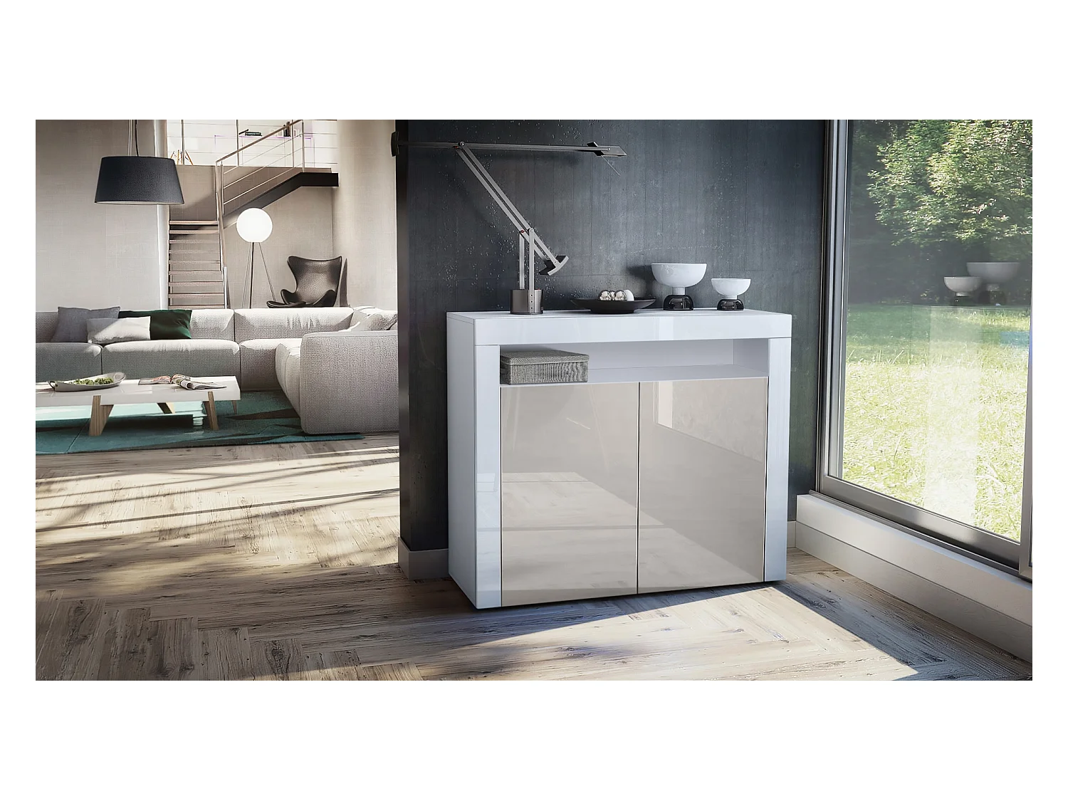 Buffet Valencia, Commode avec 2 portes et 1 compartiment ouvert, Blanc mat/gris sable haute brillance/blanc haute brillance (108 x 92 x 40 cm)