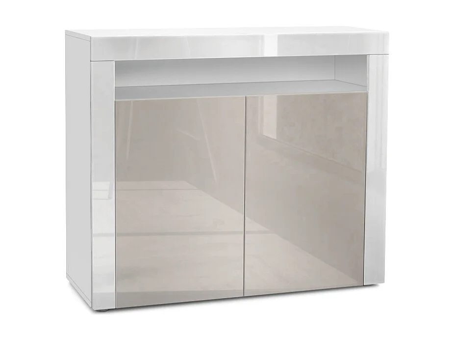 Mobiletto Valencia, credenza con 2 ante e 1 scomparto aperto, bianco opaco/grigio sabbia lucido/bianco lucido (108 x 92 x 40 cm)