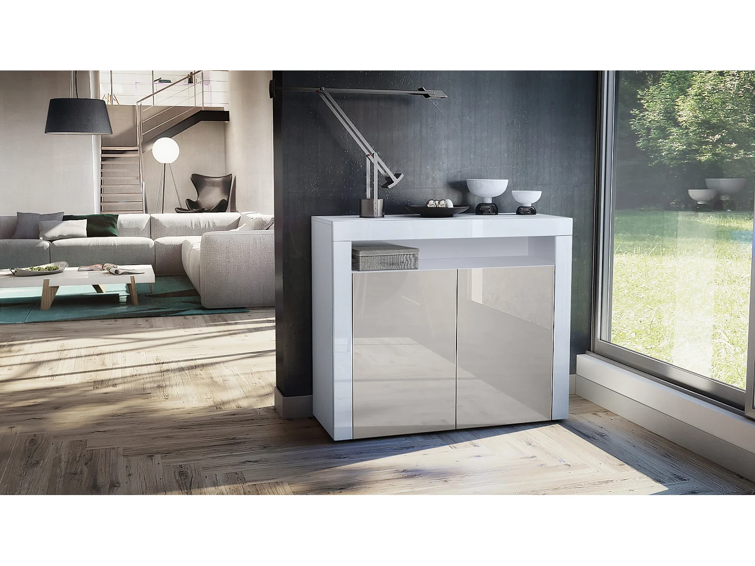 Mobiletto Valencia, credenza con 2 ante e 1 scomparto aperto, bianco opaco/grigio sabbia lucido/bianco lucido (108 x 92 x 40 cm)