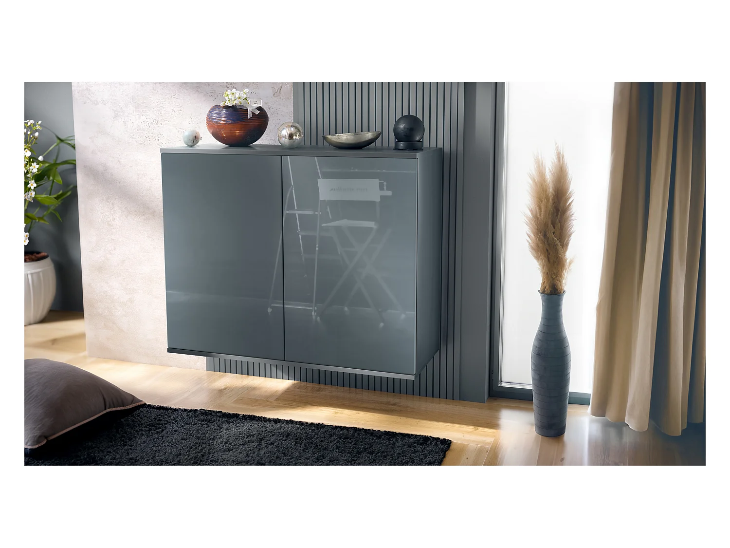 Commode Skadu V3, Buffet de Cuisine Moderne avec 2 Grandes Portes anthracite mat / gris haute brillance (92,5 x 73.5 x 35)