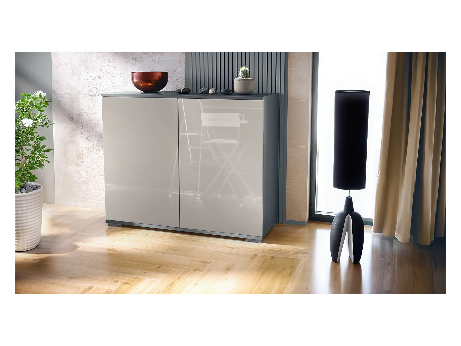 Commode Skadu V3, Buffet de Cuisine Moderne avec 2 Grandes Portes anthracite mat / gris sable haute brillance (92,5 x 75.5 x 35)