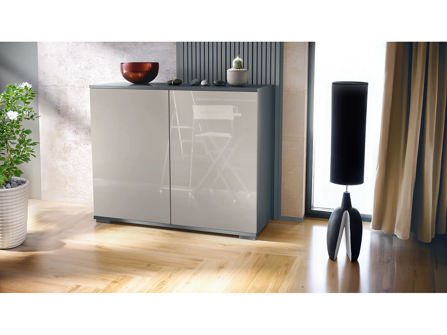 Aparador Skadu V3, Armario de Cocina Moderno con 2 Puertas Grandes antracita mate / gris arena de alto brillo (92,5 x 75.5 x 35)