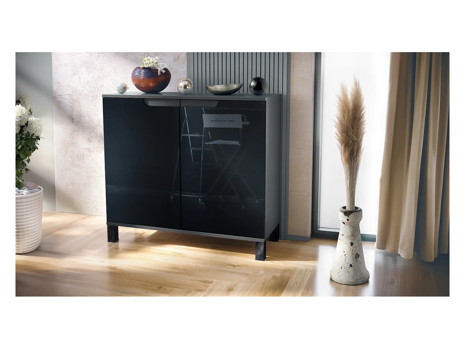 Commode Sylt V3, Buffet de Cuisine Moderne avec 2 Grandes Portes anthracite mat / noir haute brillance (92,5 x 84.5 x 35)