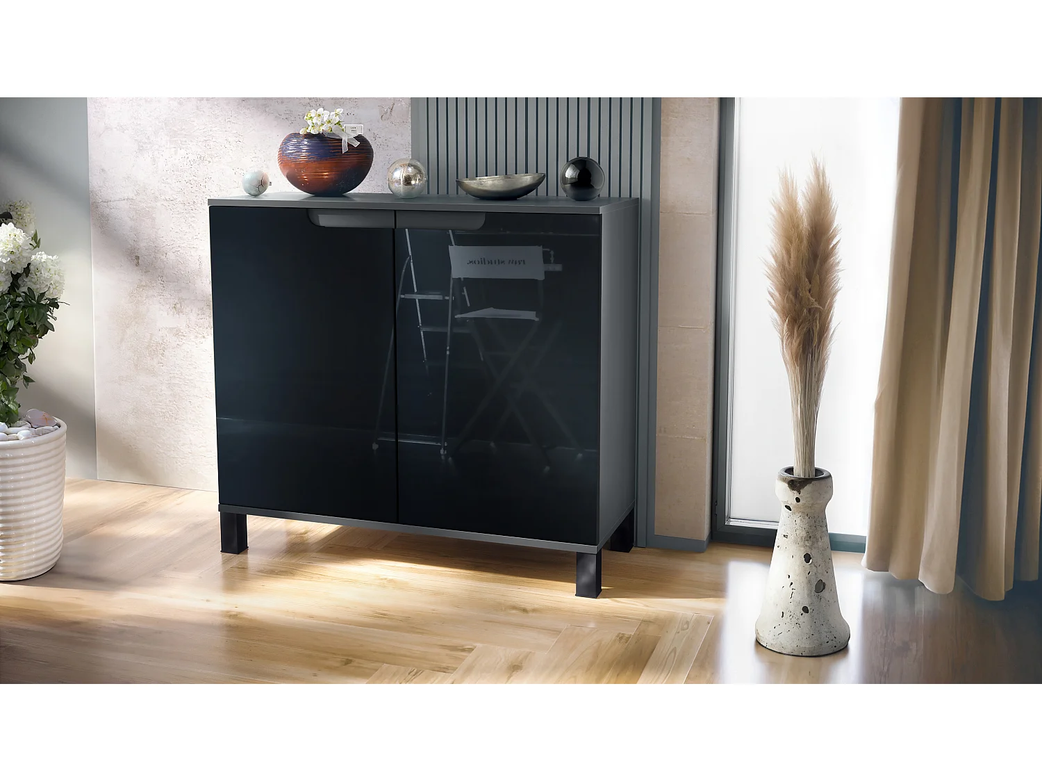 Aparador Sylt V3, Armario de Cocina Moderno con 2 Puertas Grandes antracita mate / negro de alto brillo (92,5 x 84.5 x 35)