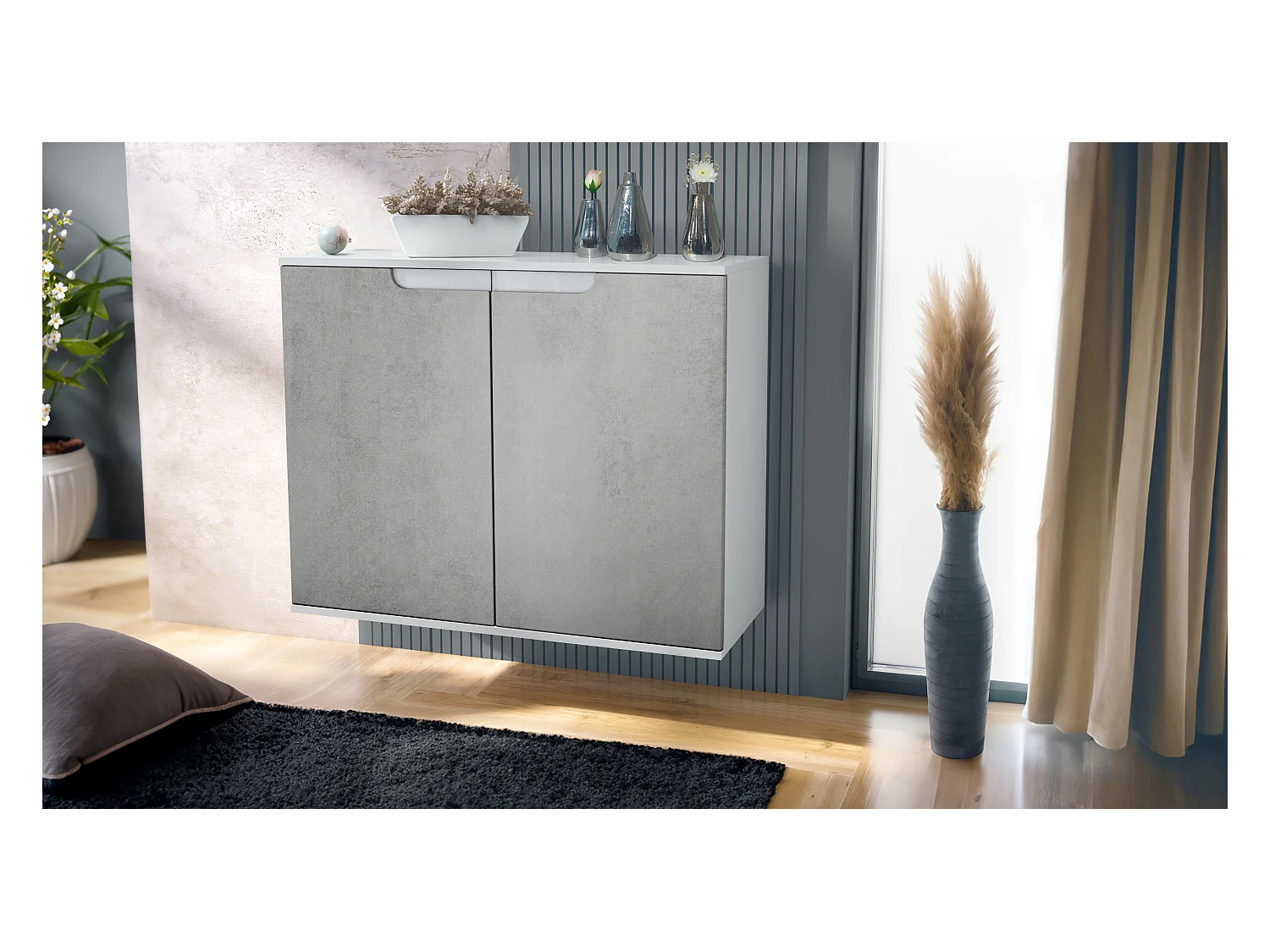 Commode Sylt V3, Buffet de Cuisine Moderne avec 2 Grandes Portes blanc mat / aspect béton oxyde (92,5 x 73.5 x 35)