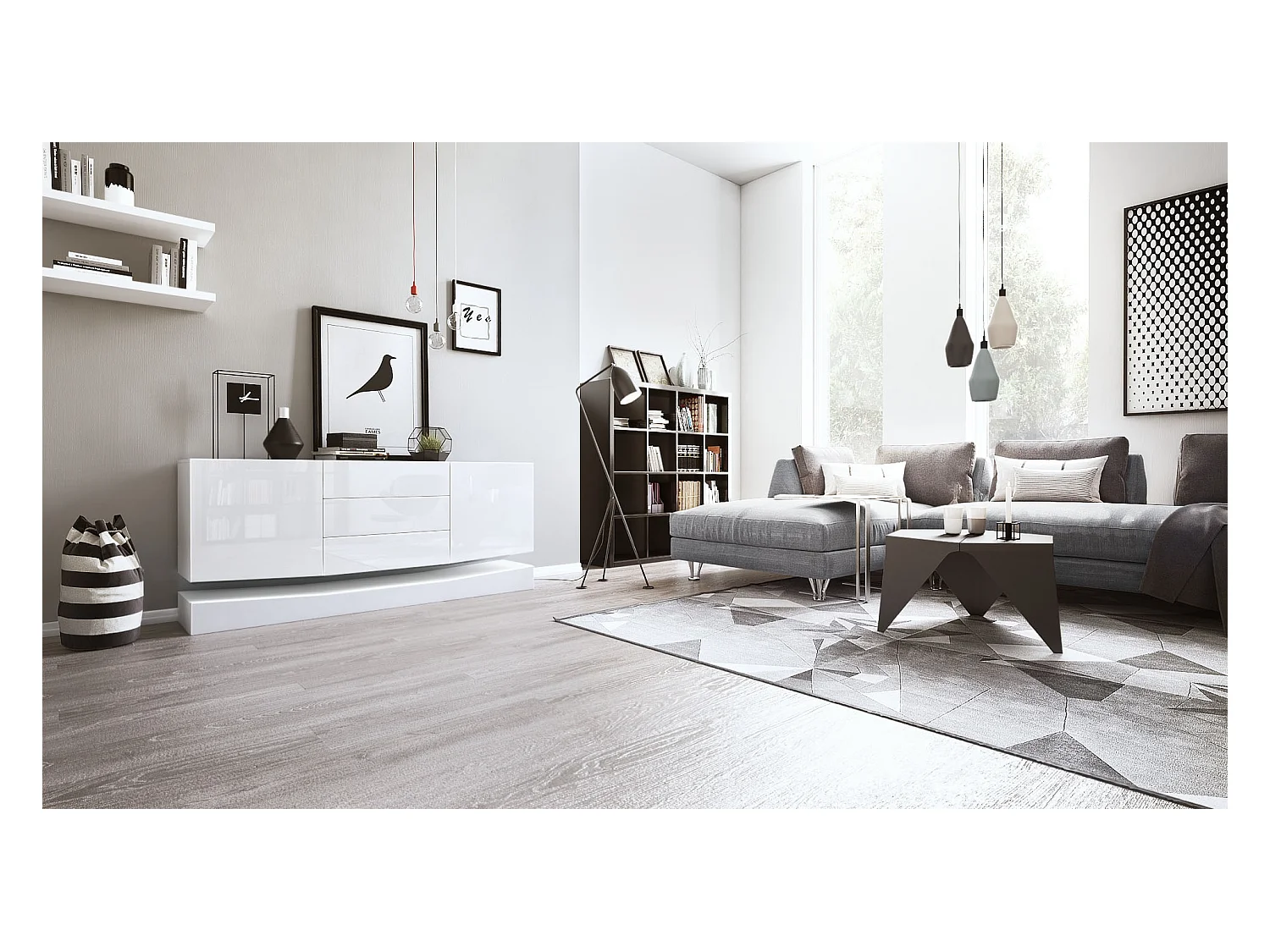 Sideboard City, blanc mat/blanc haute brillance - Commode moderne pour votre salon (178 x 72 x 38 cm)