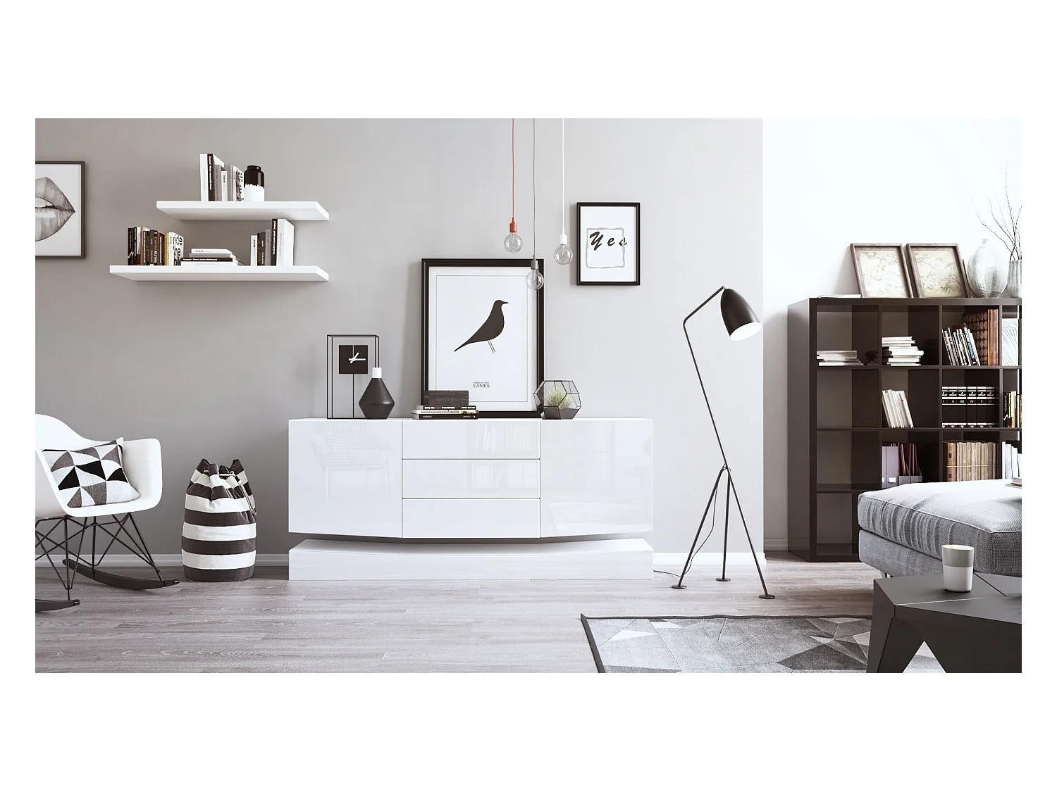 Sideboard City, blanc mat/blanc haute brillance - Commode moderne pour votre salon (178 x 72 x 38 cm)