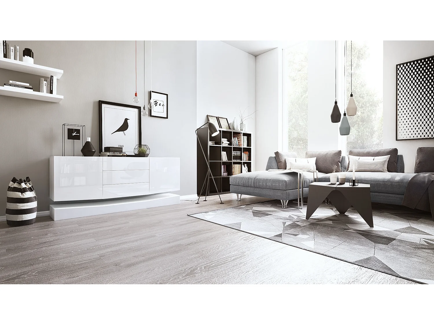 Vladon Sideboard City, bianco opaco/bianco lucido - Cassettiera moderna per la zona giorno (178 x 72 x 38 cm)