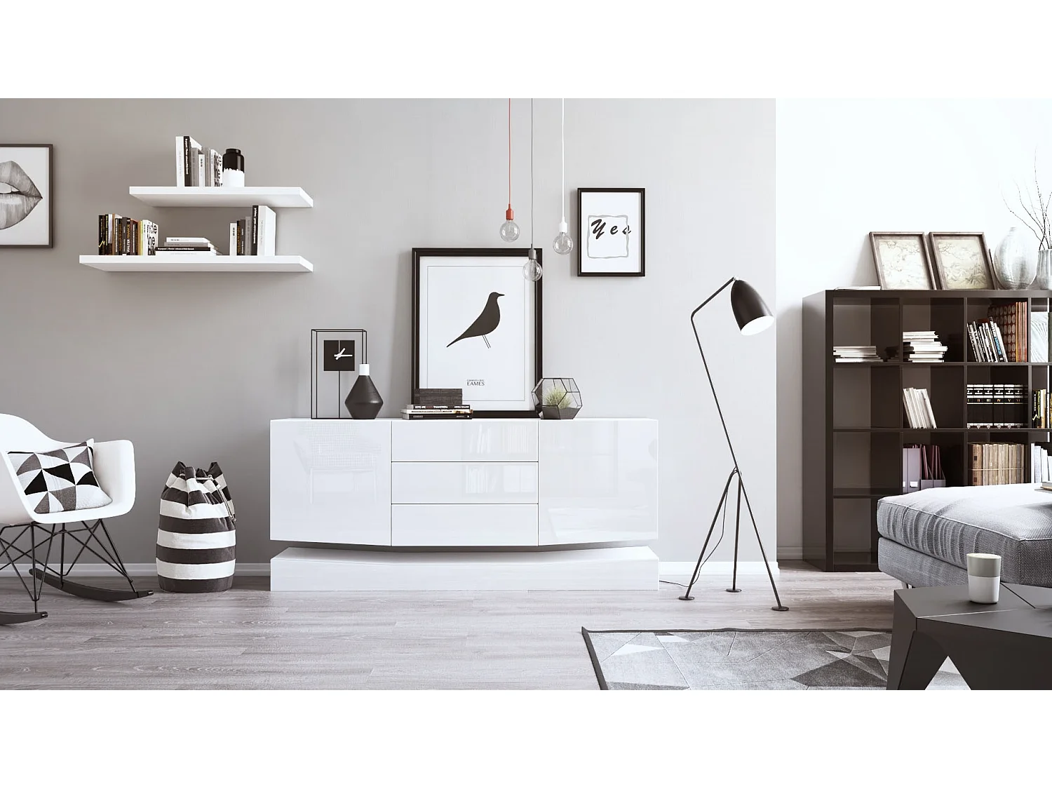 Vladon Sideboard City, bianco opaco/bianco lucido - Cassettiera moderna per la zona giorno (178 x 72 x 38 cm)