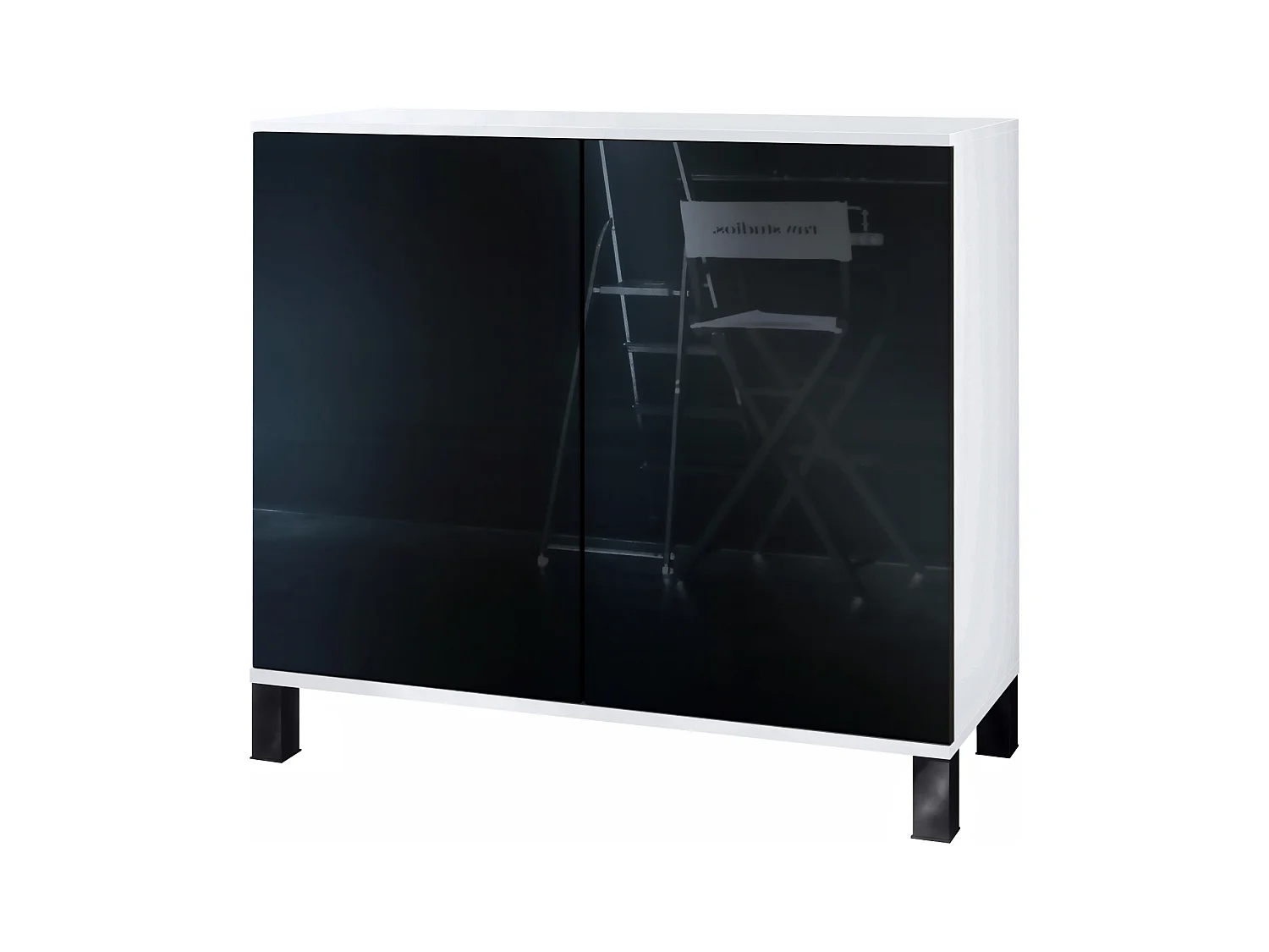 Commode Skadu V3, Buffet de Cuisine Moderne avec 2 Grandes Portes blanc mat / noir haute brillance (92,5 x 84.5 x 35)