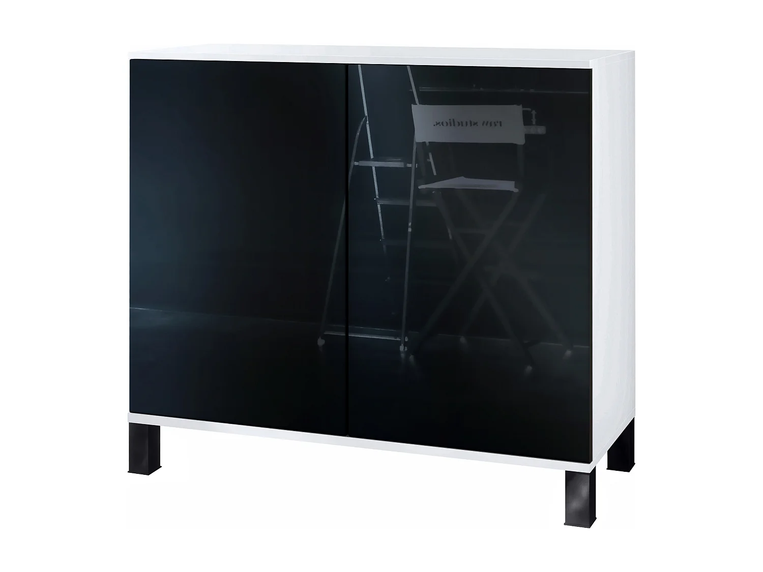 Credenza Skadu V3, Mobile da Cucina Moderno con 2 Grandi Ante bianco opaco / nero lucido (92,5 x 84.5 x 35)