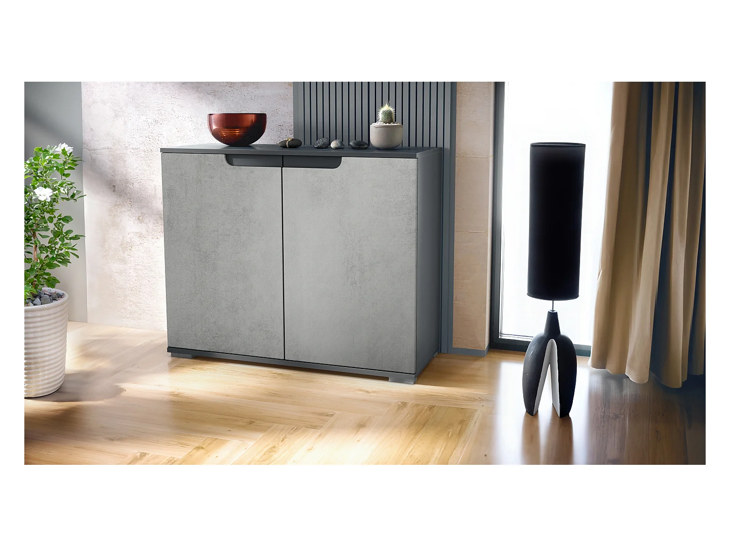Commode Sylt V3, Buffet de Cuisine Moderne avec 2 Grandes Portes anthracite mat / aspect béton oxyde (92,5 x 75.5 x 35)
